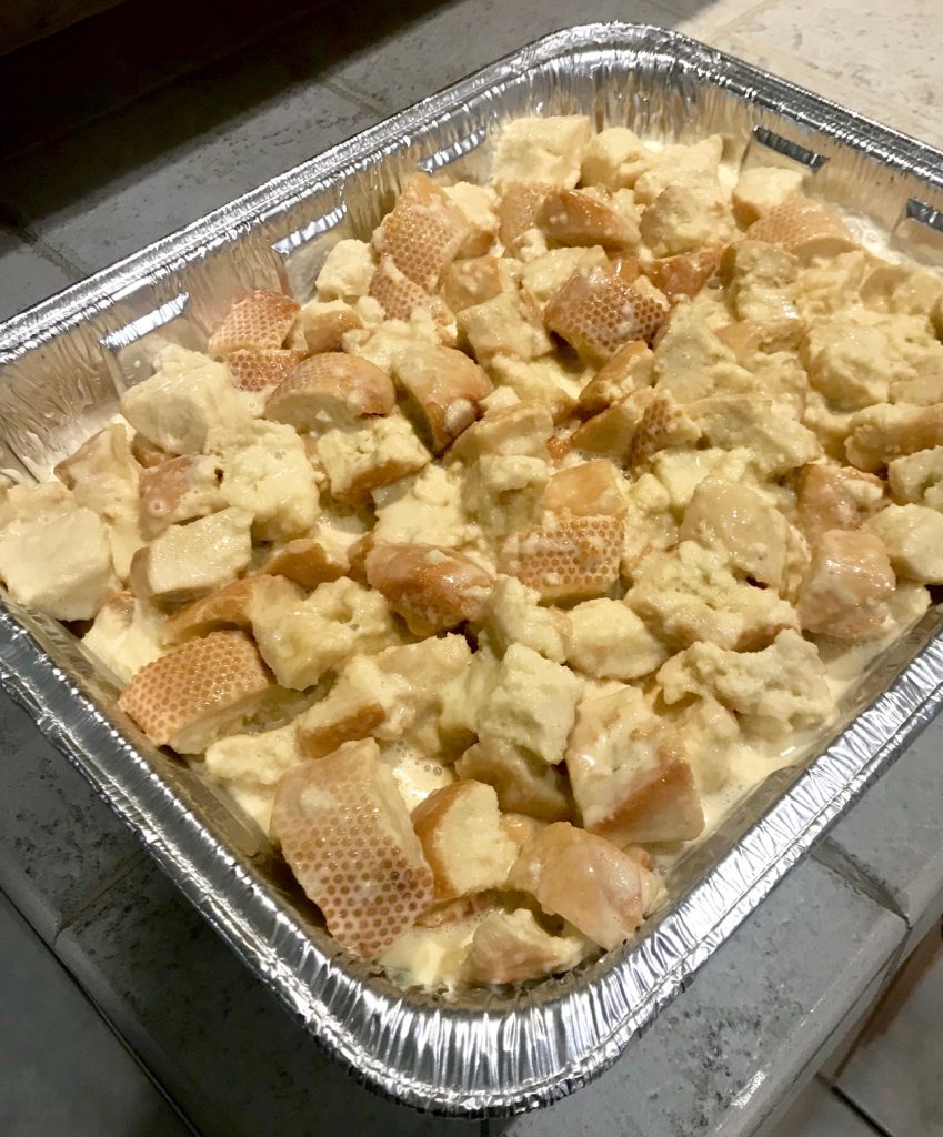 Bread pudding pieces in custard